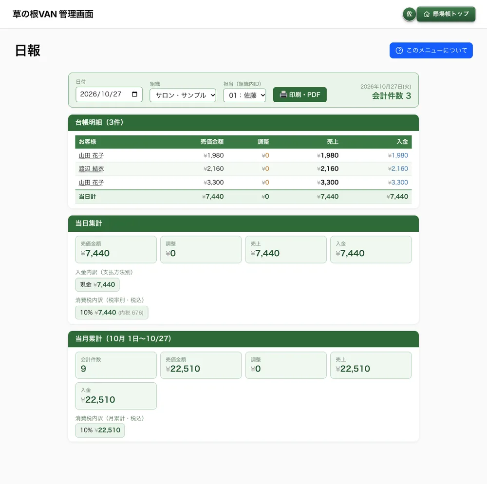 日報:その日の入金内訳と消費税の内訳